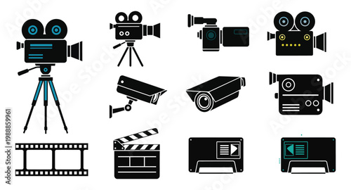 Collection of vintage and modern film and video recording devices in black and white