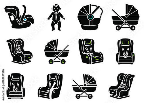 Black and white collection of baby products car seats strollers and carriers