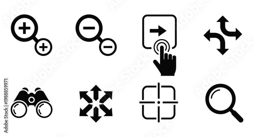 Collection of black and white icons representing search zoom and navigation controls