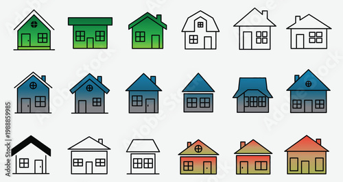 Colorful collection of simple house illustrations in a grid arrangement