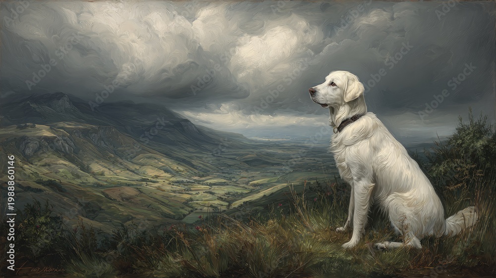 Fototapeta premium Majestic white canine observes a dramatic, sweeping valley landscape under brooding skies
