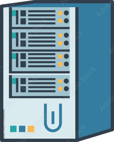 Server rack stores digital data securely within a modern enterprise facility.