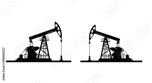A silhouette depiction of two oil pumps commonly known as nodding donkeys against a white background