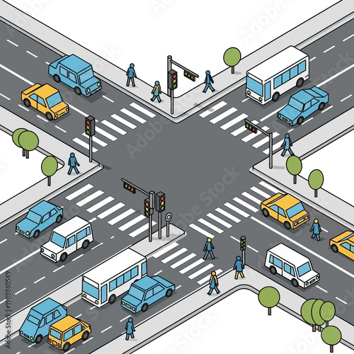 Vehicles and people at city intersection.