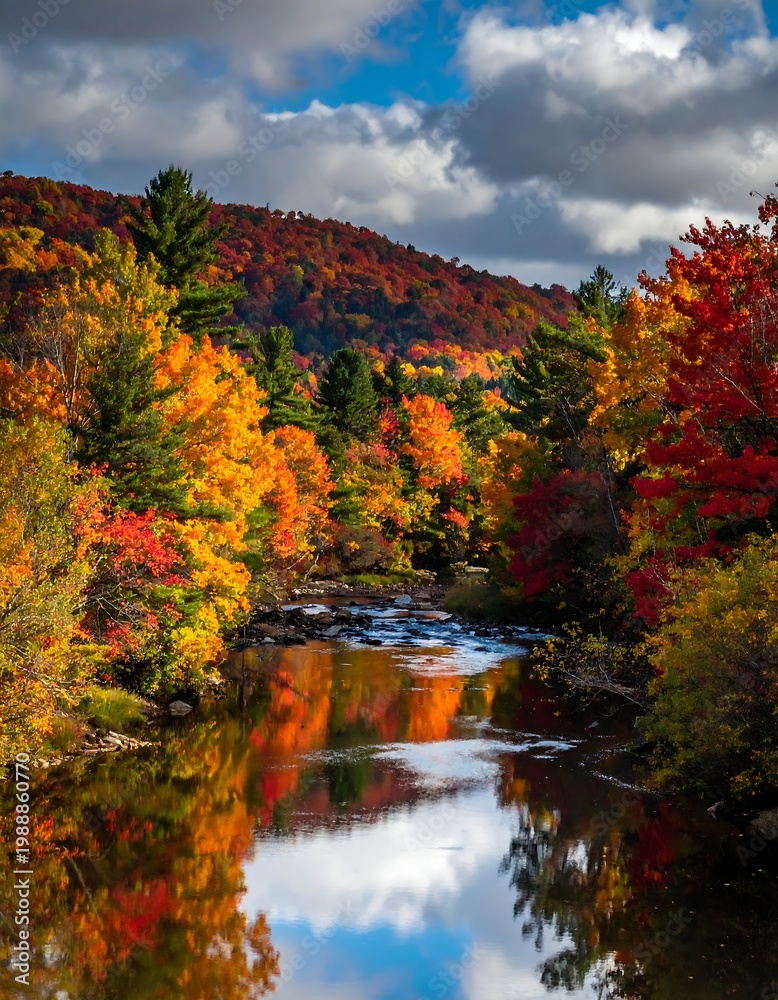 Obraz premium A vibrant autumnal scene shows a river winding through trees ablaze with color, set against a backdrop of a mountain under a cloudy sky