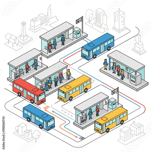 Buses and people at bus station.