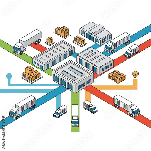Trucks and warehouses in logistics.
