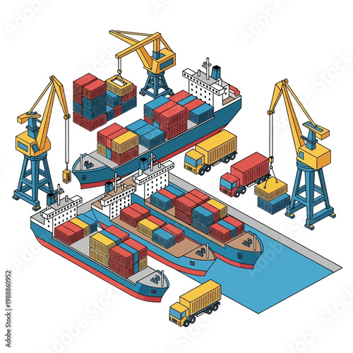 Container ships and cargo cranes loading.