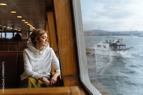 Woman looking out ferry window at sea view 