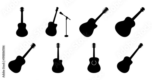 Collection of Silhouetted Acoustic Guitars and Microphone for Music Industry