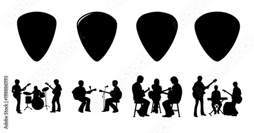 Silhouette of musicians and guitar picks against a white background