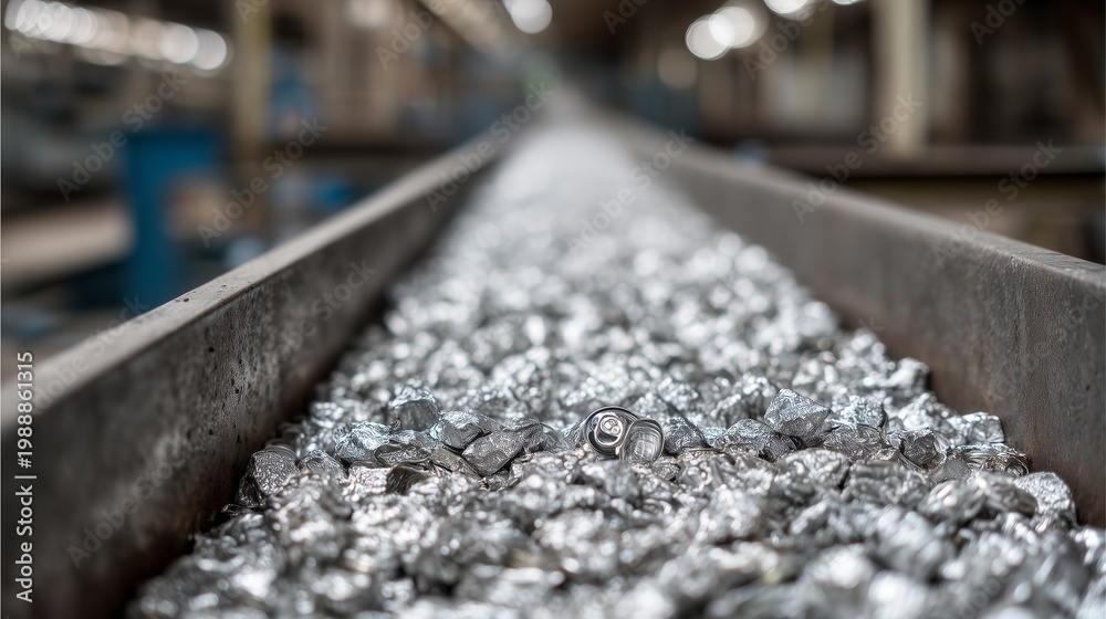 Fototapeta premium Aluminum pressed cans on the line. Close-up view of aluminum caps moving along the conveyor in the production process.