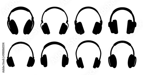 Collection of different black headphones silhouettes arranged on a white background