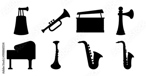 Black and white illustration showcasing various musical instruments in silhouette format