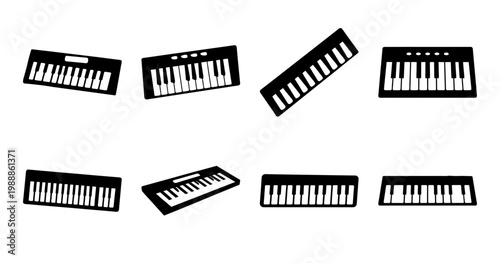 Collection of stylized black and white keyboard instrument illustrations on a white background