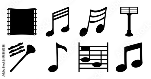 Collection of musical instruments and musical notes in black and white image