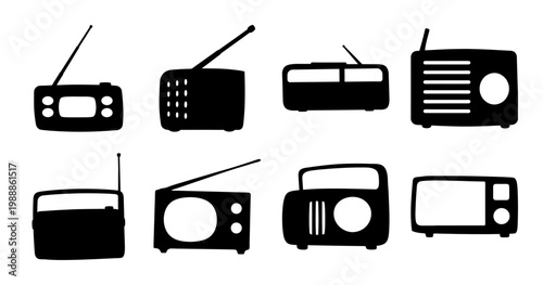 Collection of Stylized Retro Radios Depicted as Black Silhouettes on White Background