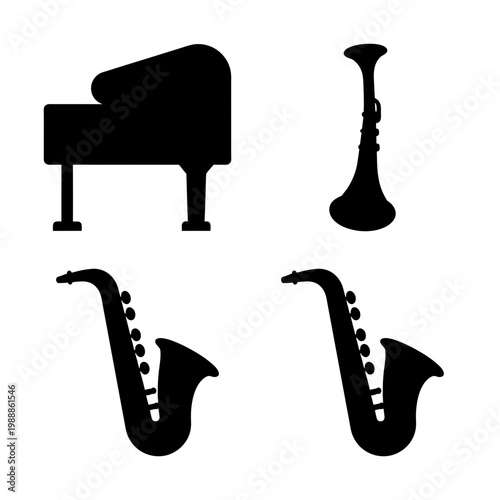 Silhouette Collection of Musical Instruments Piano, Clarinet, and Saxophone