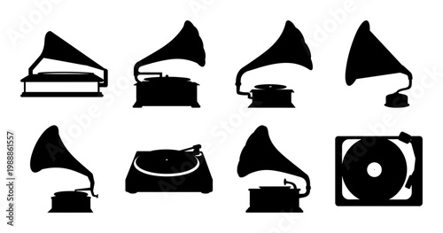 A collection of vintage gramophone and record player silhouettes in black and white
