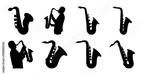 Silhouettes of Saxophones and Saxophone Players in Various Styles and Poses