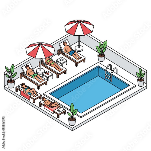 People relaxing on lounge chairs pool.