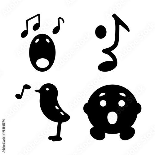 Various Black Silhouettes of Singing, Whistling, and Surprised Cartoon Figures