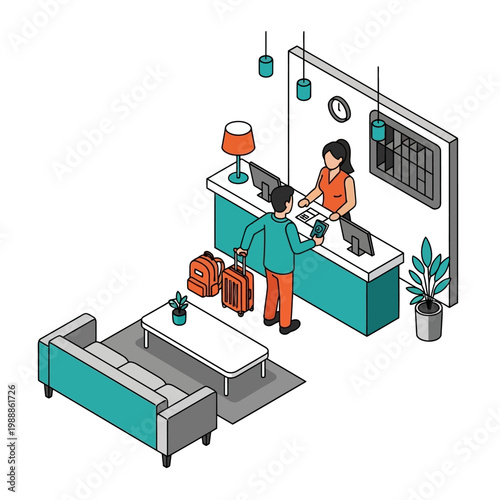 Receptionist greeting hotel guest with luggage.