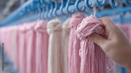 A hand holds a skein of pink yarn against a background of suspended threads in a textile workshop. The concept of yarn and colored textiles production.