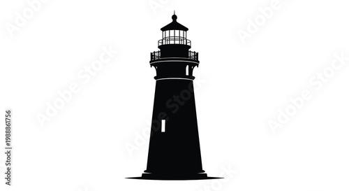 A striking black silhouette of a classic lighthouse stands tall against a plain white background