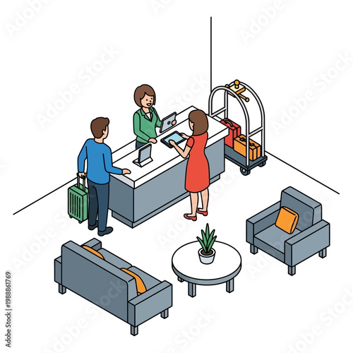 People checking in at hotel reception.