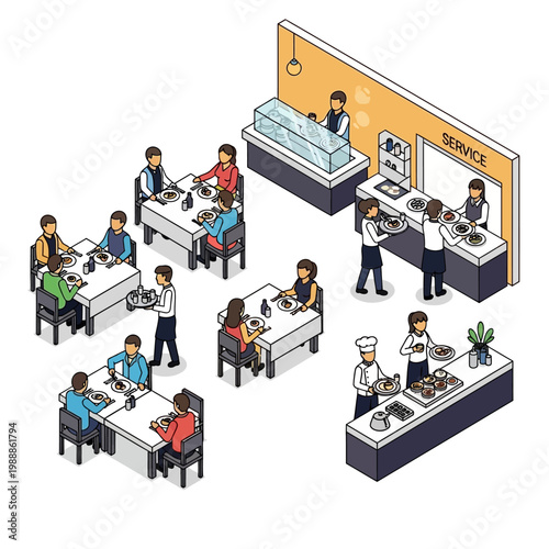 People eating at restaurant tables.