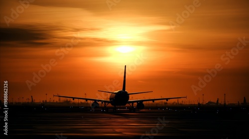 jetliner. Jetliner silhouette against a vibrant sunset sky, viewed from the tarmac with warm hues. inspiring travel planning, mobility guides, designed for mobility and urban transit guides.
