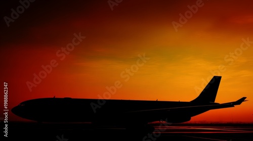 jetliner. Jetliner silhouette against a vibrant sunset sky, viewed from the tarmac with warm hues. inspiring travel planning, mobility guides, designed for mobility and urban transit guides.

