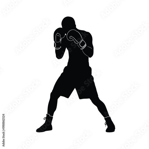 A silhouetted boxer stands in a fighting stance with gloved hands raised.