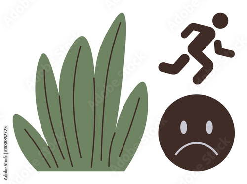 Fear, anxiety, escaping negativity, emotional stress, mental health, problem avoidance. A running person with a sad face next to grass or shrubs. Anxiety and escaping negativity concept
