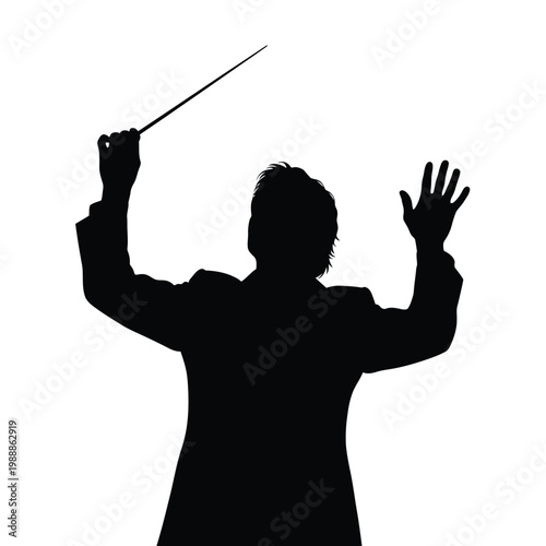 A silhouette of a conductor raising their arms and holding a baton.