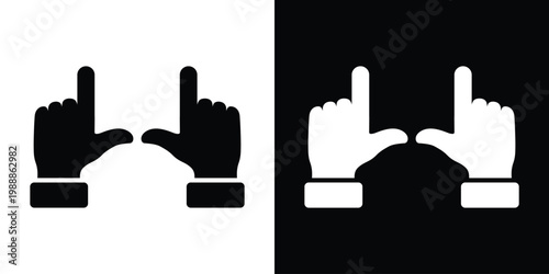 Two hands making a frame gesture icon. Minimalist creative perspective symbol for photography, focus, scouting, or framing a shot. Black and white vector flat design of human hand gesture.