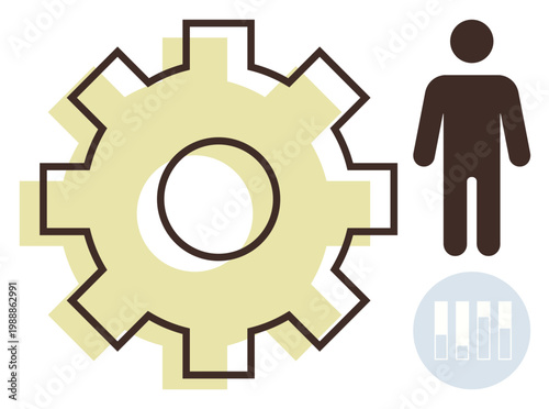 Workflow optimization, business processes, team management, productivity insights, organizational tools, data analysis. Gear cogwheel, person silhouette and bar chart symbol. Workflow and business