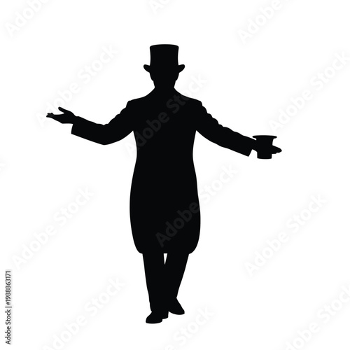 A silhouette of a magician wearing a top hat and tails, holding a hat and a magic wand.