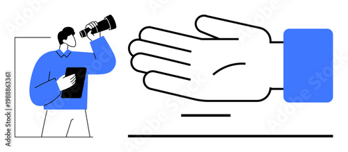 Observation, data analysis, leadership, planning, innovation, focus. A man holds a tablet and telescope next to a large hand outline. Observation and data analysis visual