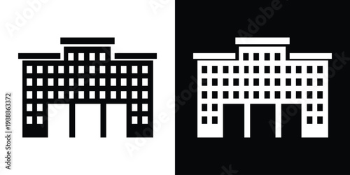 Modern office building or apartment complex flat icon. Minimalist architecture symbol for real estate, urban city development, or corporate headquarters. Simple black and white vector design.