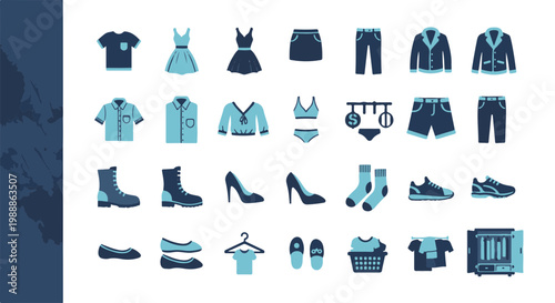 Modern Blue Clothing Icons Set Fashion and Apparel Collection Flat Design