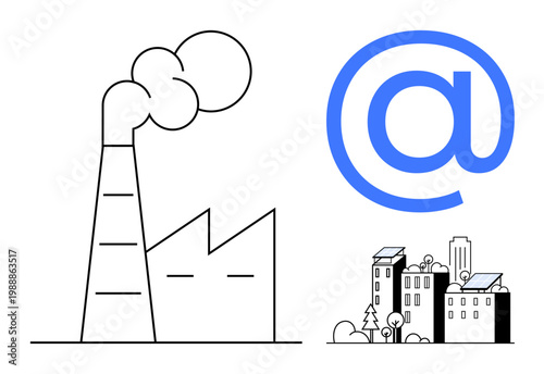Environmental awareness, clean energy, urban sustainability, pollution control, industrial impact, green innovations. Factory smoke pollution and eco-friendly city with solar panels. Environmental