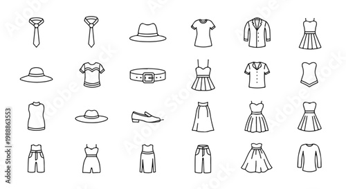 Collection of Fashionable Clothing and Accessories Line Art Style
