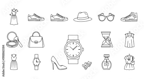 Fashion Accessories Collection Line Art with Dresses Shoes Bags and Watches