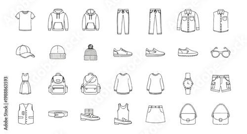 Fashion Clothing Accessories and Footwear Line Art Icons Fashion