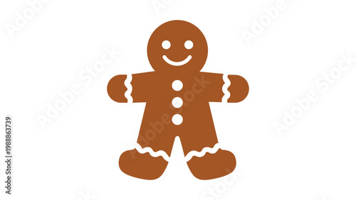 Gingerbread Man Vector Icon: A modern flat illustration of a classic holiday cookie on a white background, featuring white icing details like a smiling face, buttons, and decorative wavy lines.