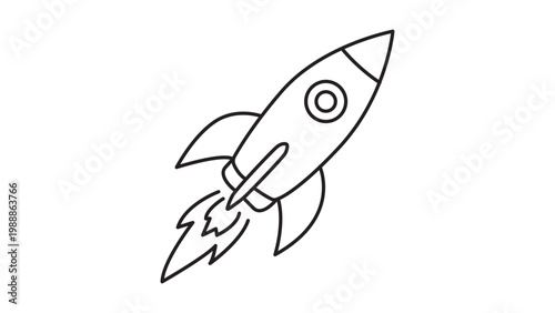 Foto Retro Rocket Ship Launching Minimalist Black Line Vector Icon on White Background