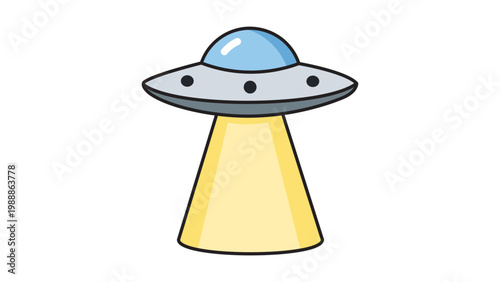 Modern Flat UFO Flying Saucer with Light Beam Editable Stroke Vector Icon. Classic Sci-Fi Alien Spacecraft Illustration Isolated on White Background for Science Fiction, Space Exploration, and