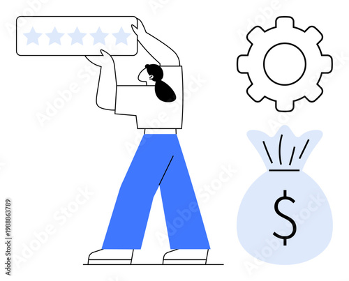 Customer satisfaction, user feedback, customer support, financial success, growth, business improvement. A person holding a five-star rating with a gear and money bag illustration. Customer